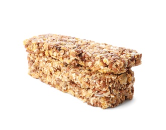 Image of Crunchy granola bars on white background. Healthy snack