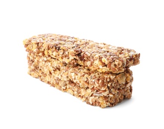 Crunchy granola bars on white background. Healthy snack