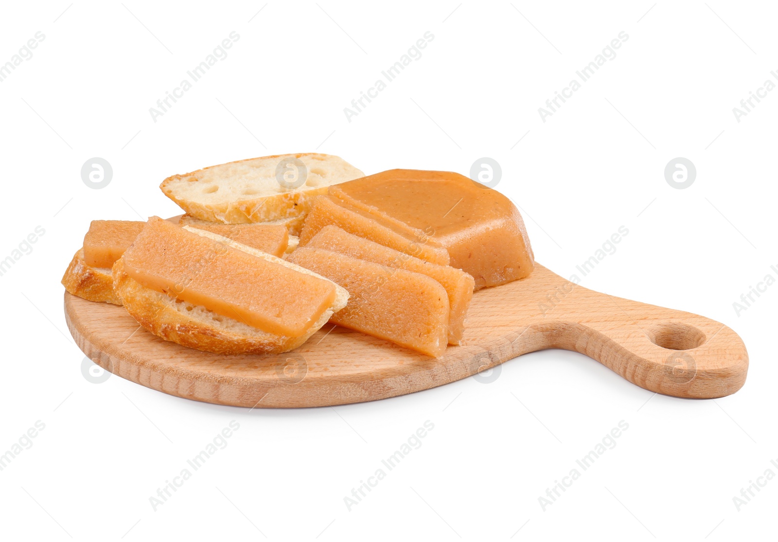 Photo of Delicious sweet quince paste and bread isolated on white