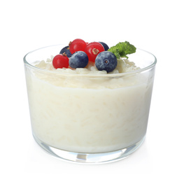 Delicious rice pudding with berries isolated on white