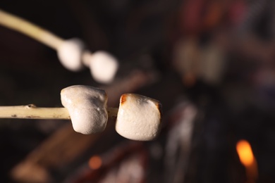 Fried marshmallows on stick against blurred background, closeup. Summer camp