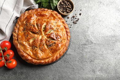 Photo of Tasty homemade pie, spices and fresh tomatoes on grey table, flat lay. Space for text