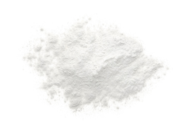 Photo of Pile of organic flour isolated on white, top view