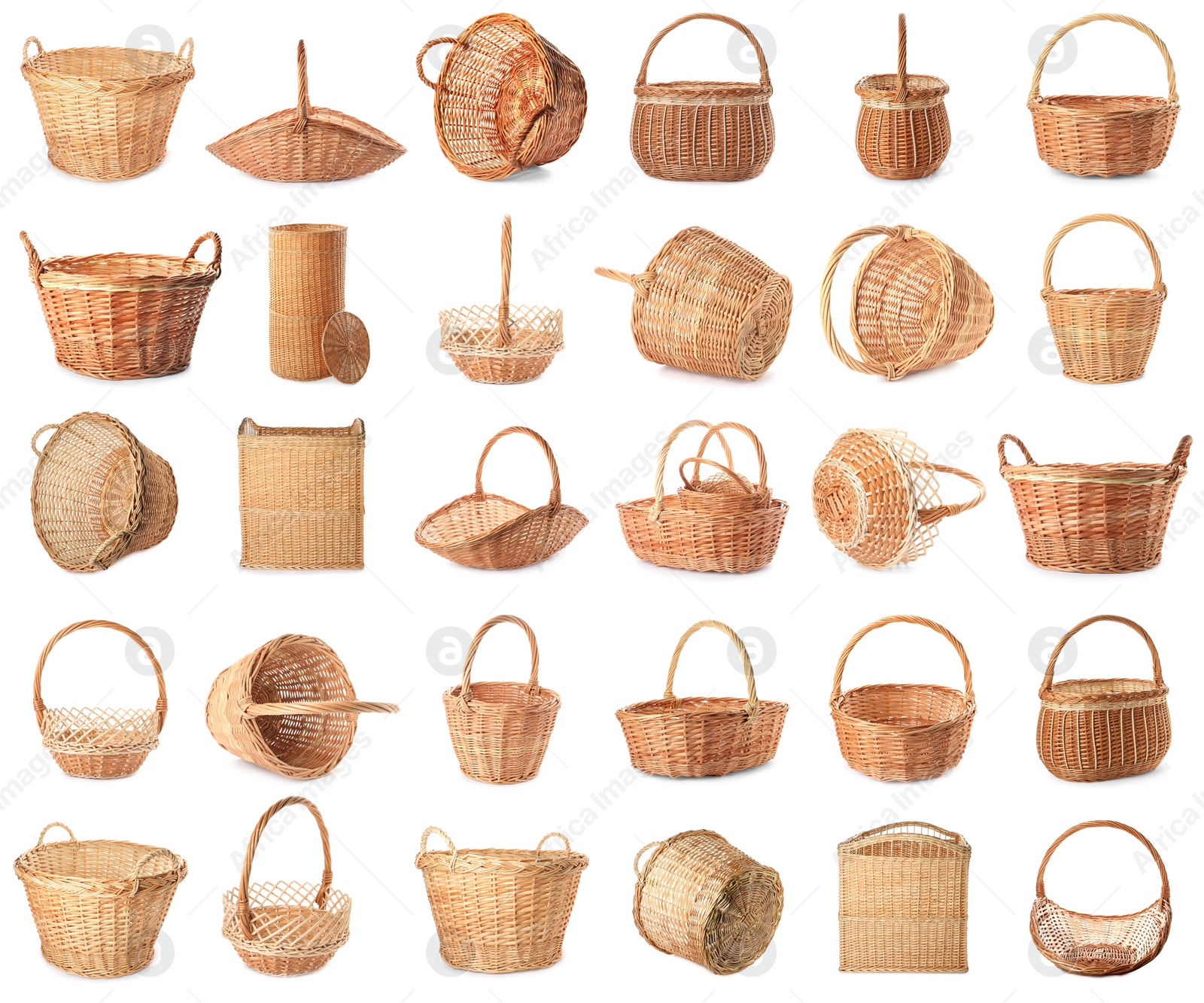 Image of Set with different wicker baskets on white background