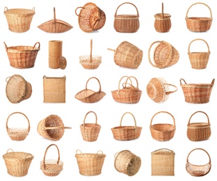 Image of Set with different wicker baskets on white background