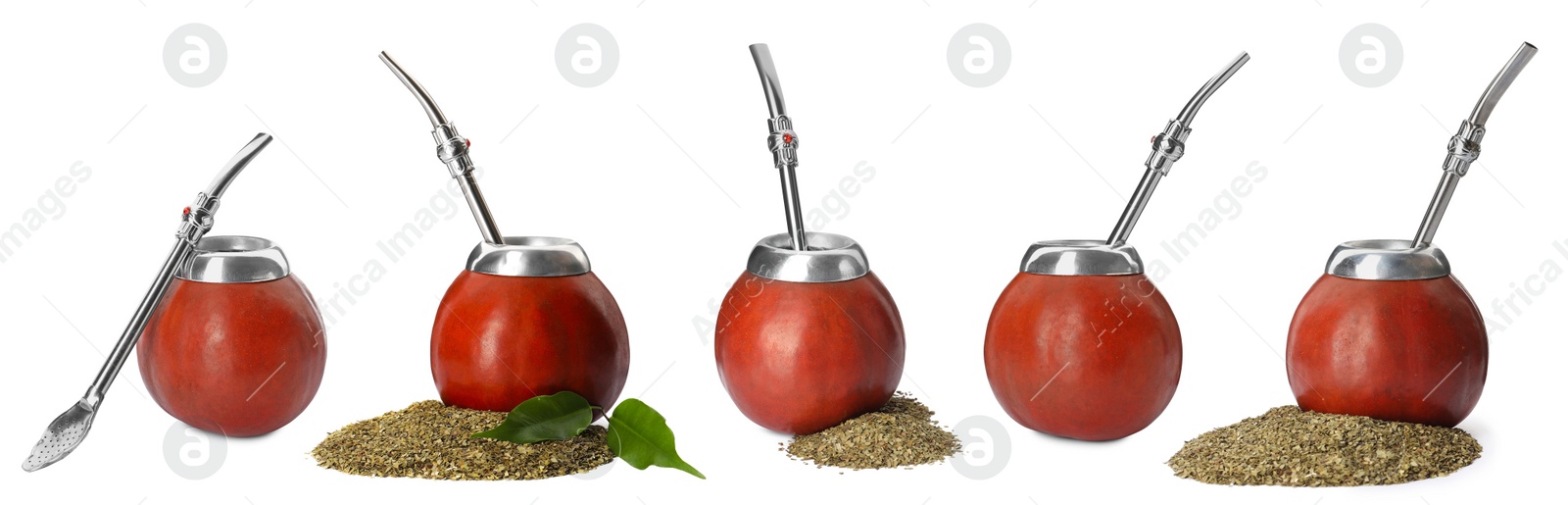 Image of Set with calabashes with mate tea and bombillas on white background. Banner design