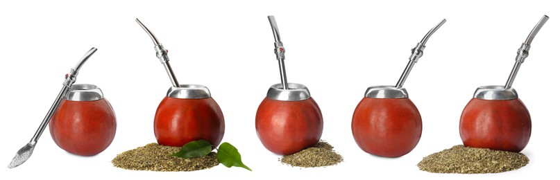 Image of Set with calabashes with mate tea and bombillas on white background. Banner design