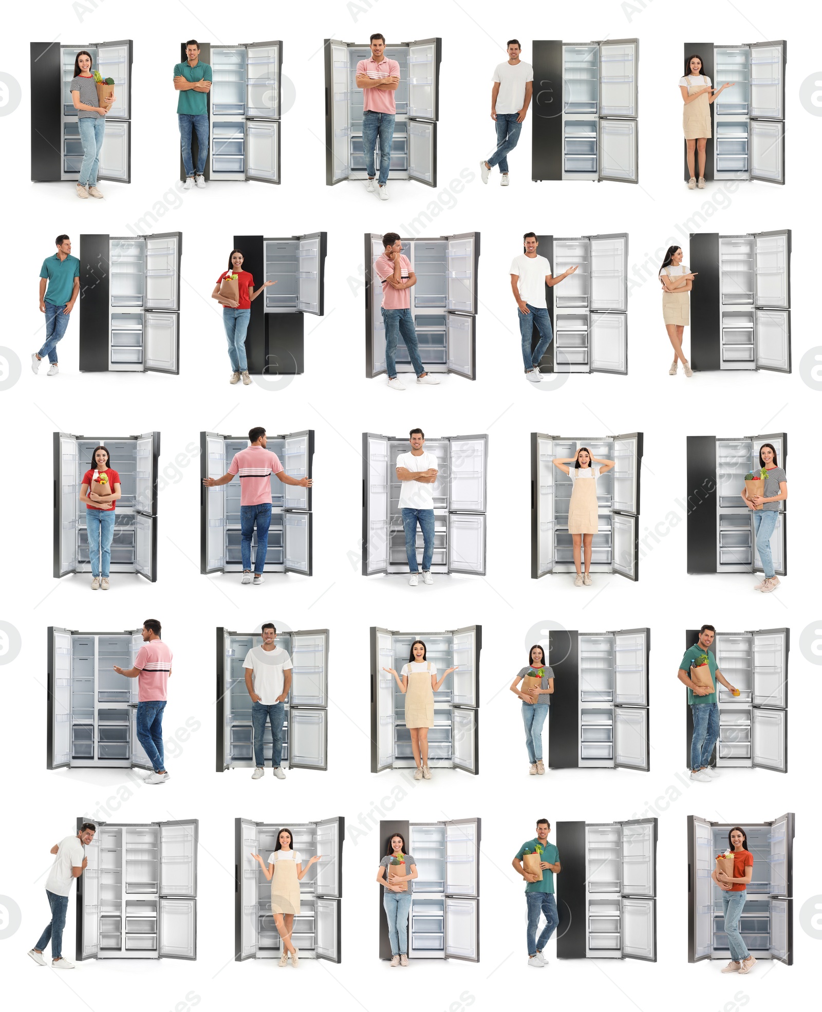 Image of Collage of people near open refrigerators on white background