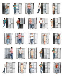 Image of Collage of people near open refrigerators on white background