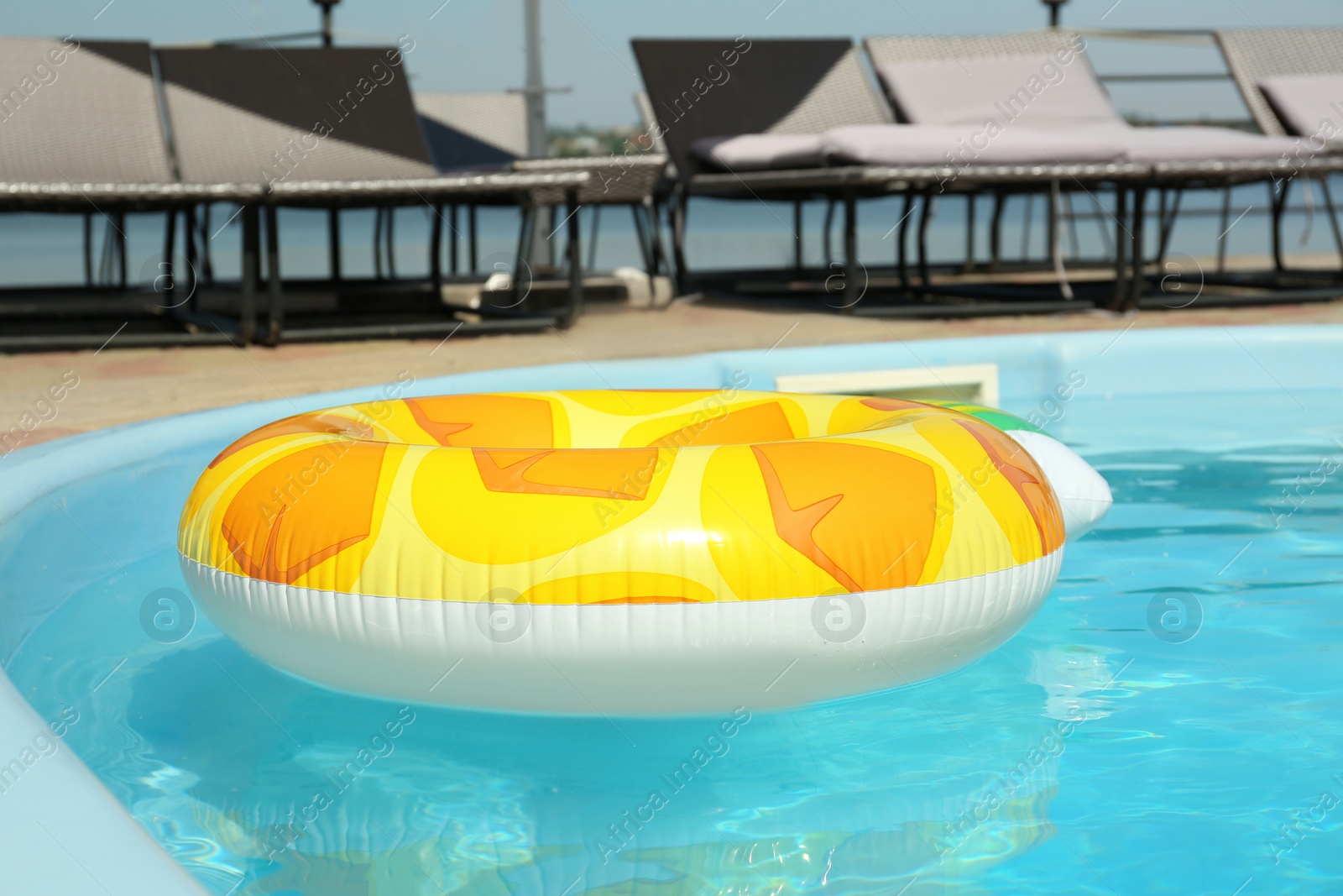Photo of Colorful inflatable ring floating in swimming pool on sunny day, outdoors