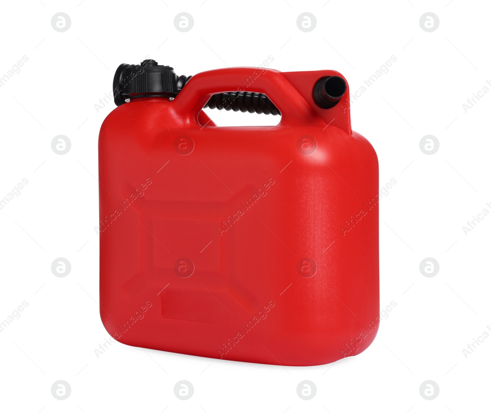 Photo of New red plastic canister isolated on white