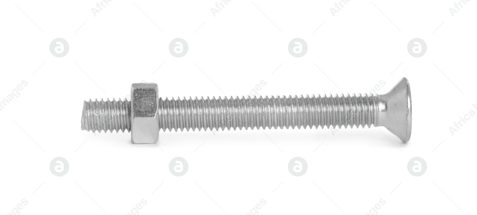 Photo of Metal plow bolt with hex nut isolated on white