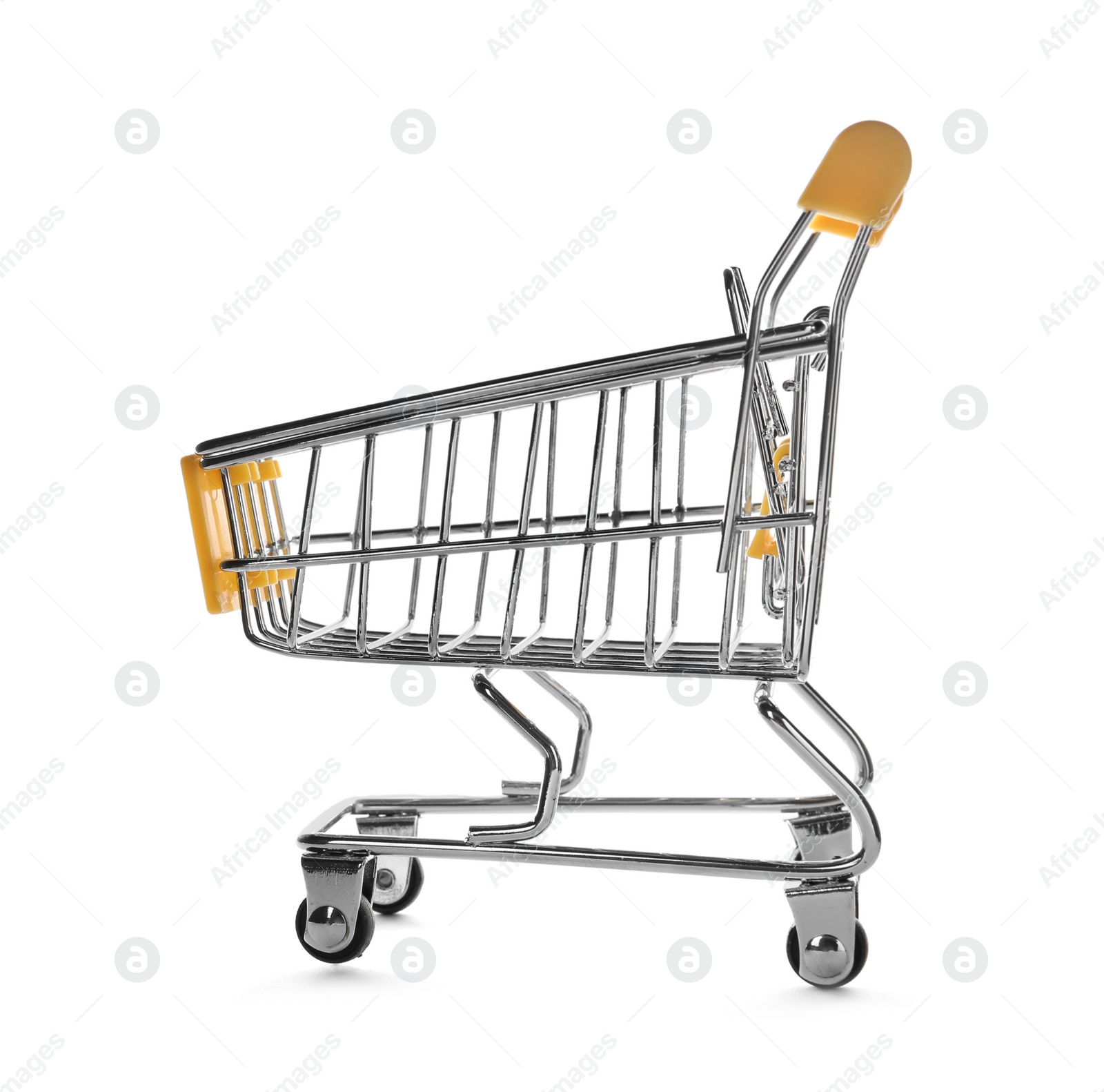 Photo of Empty metal shopping trolley isolated on white