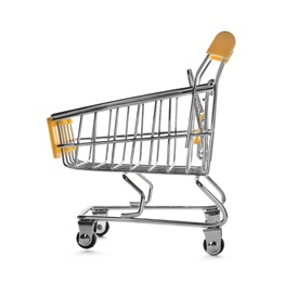 Empty metal shopping trolley isolated on white