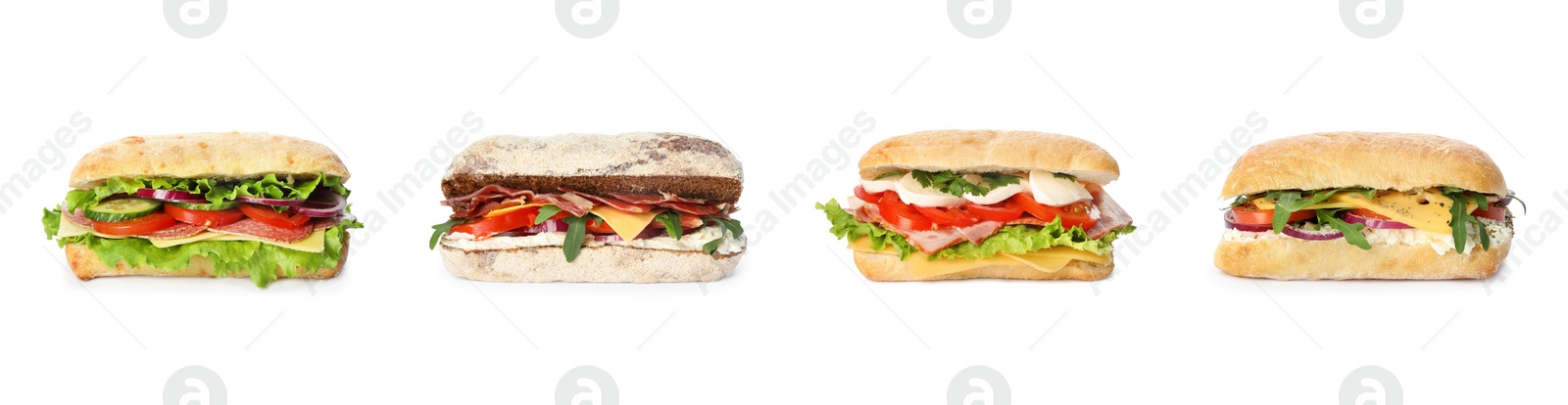 Image of Set of delicious sandwiches on white background. Banner design 