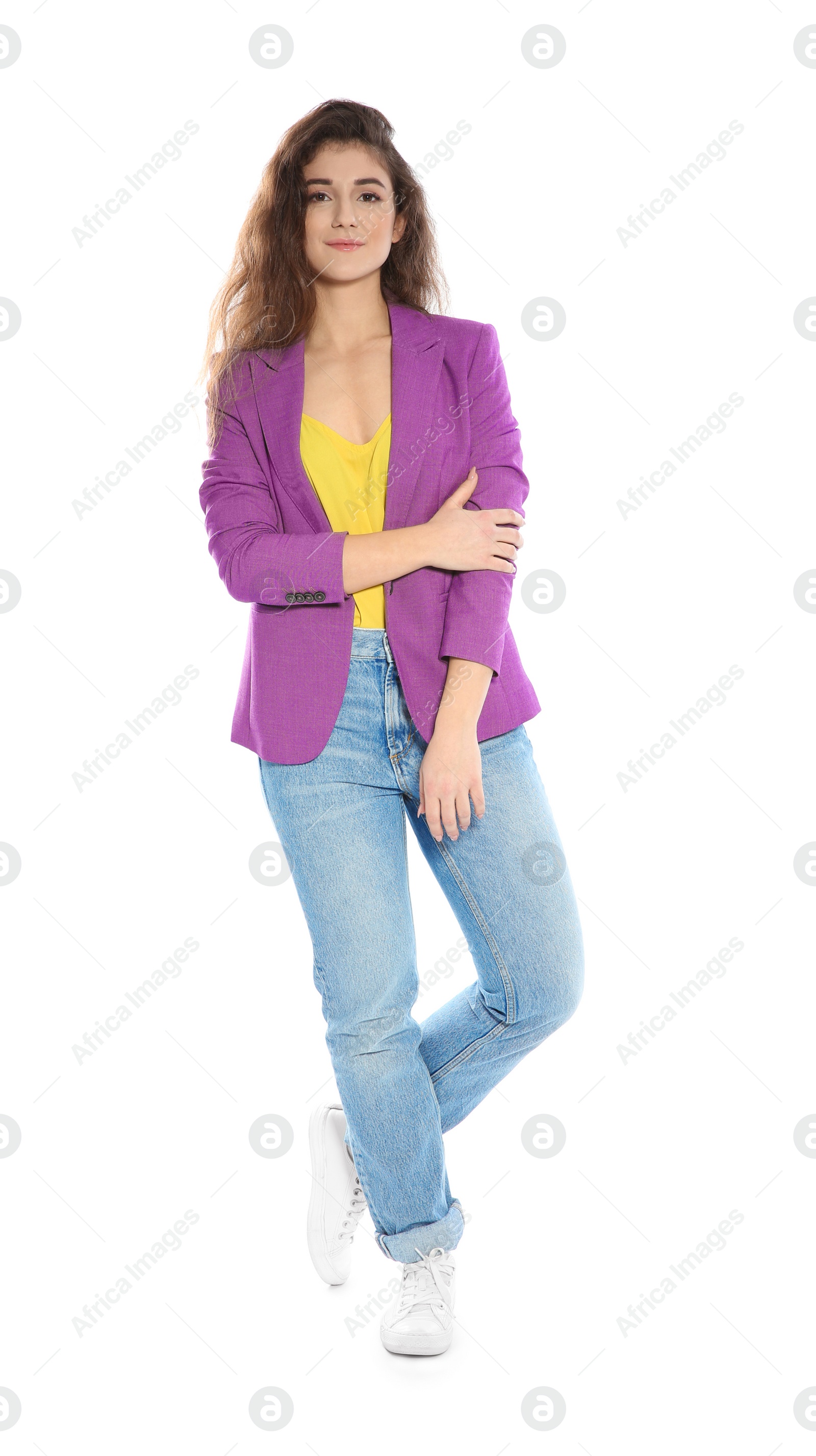 Photo of Beautiful young woman in stylish clothes on white background