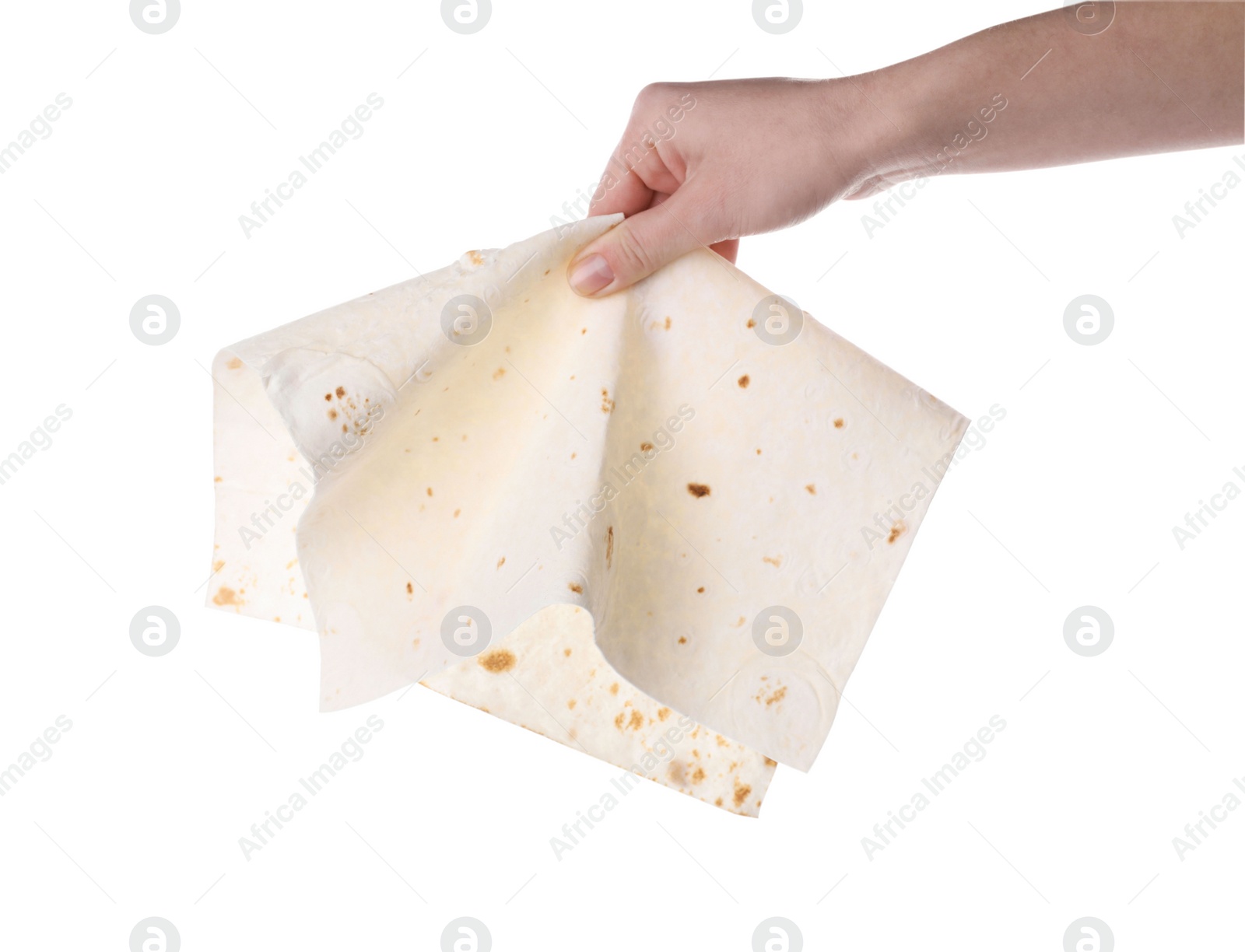 Photo of Woman holding thin Armenian lavash on white background, closeup