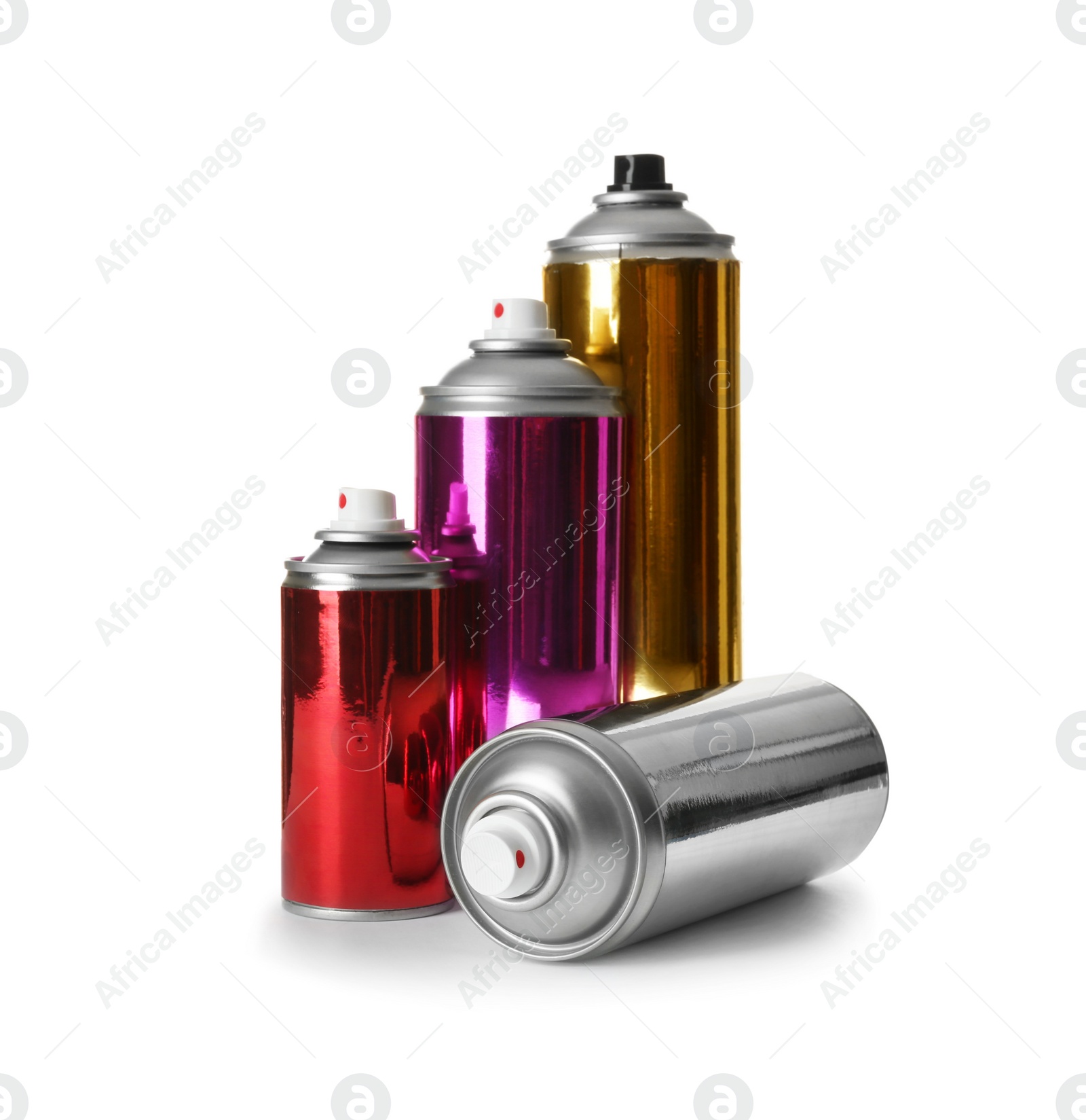 Photo of Different cans of spray paints on white background