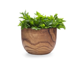 Photo of Bowl with fresh green parsley on white background