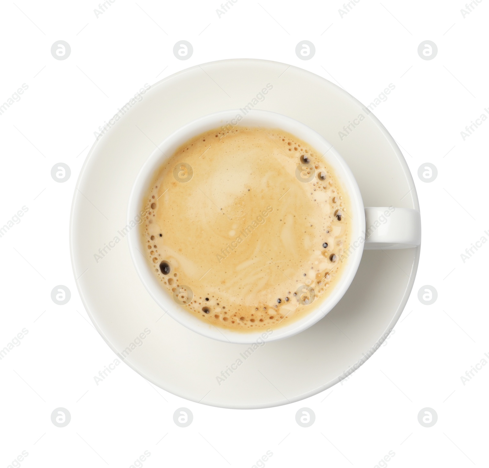 Photo of Tasty coffee with foam in cup isolated on white, top view