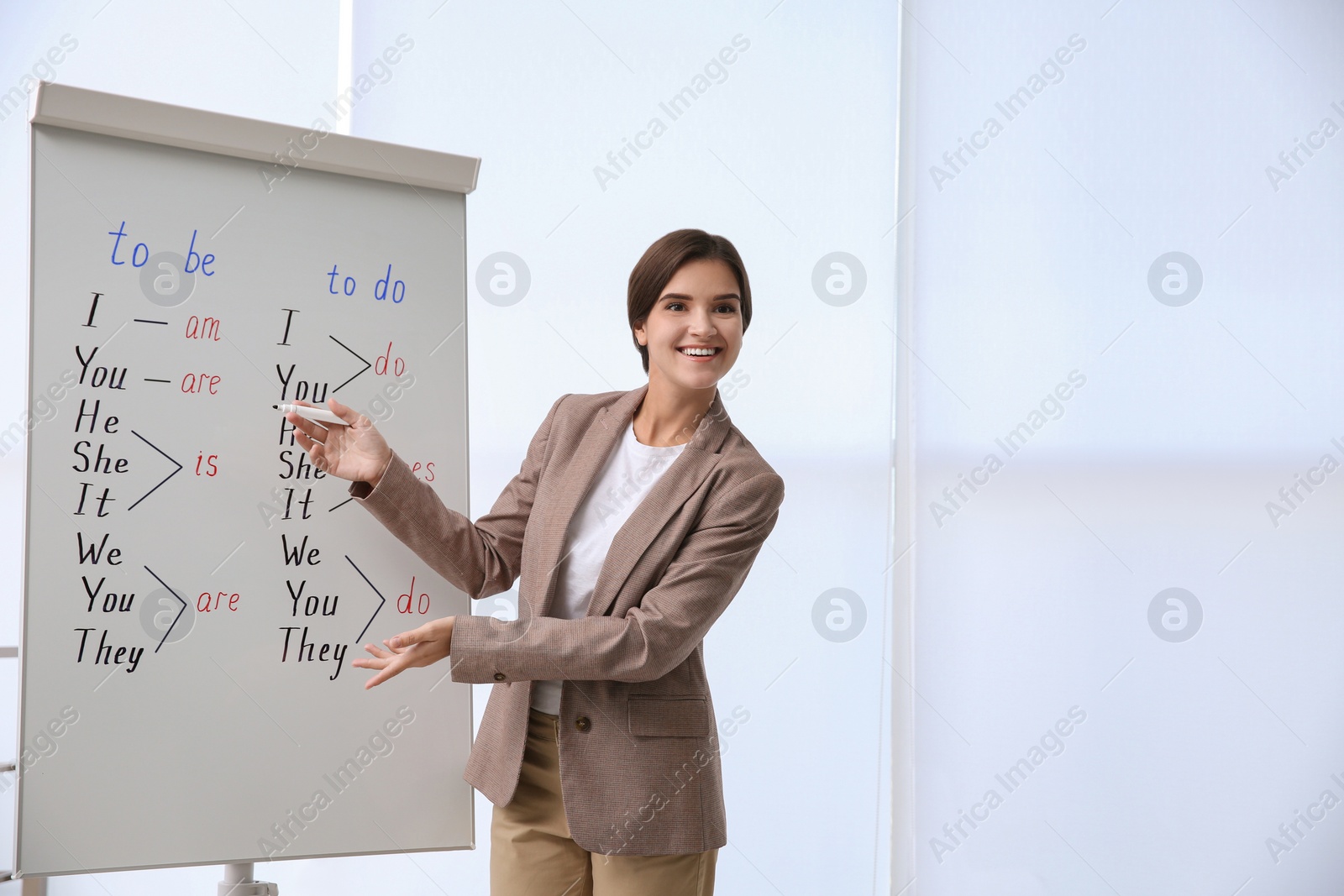 Photo of English teacher near whiteboard in class at lesson. Space for text