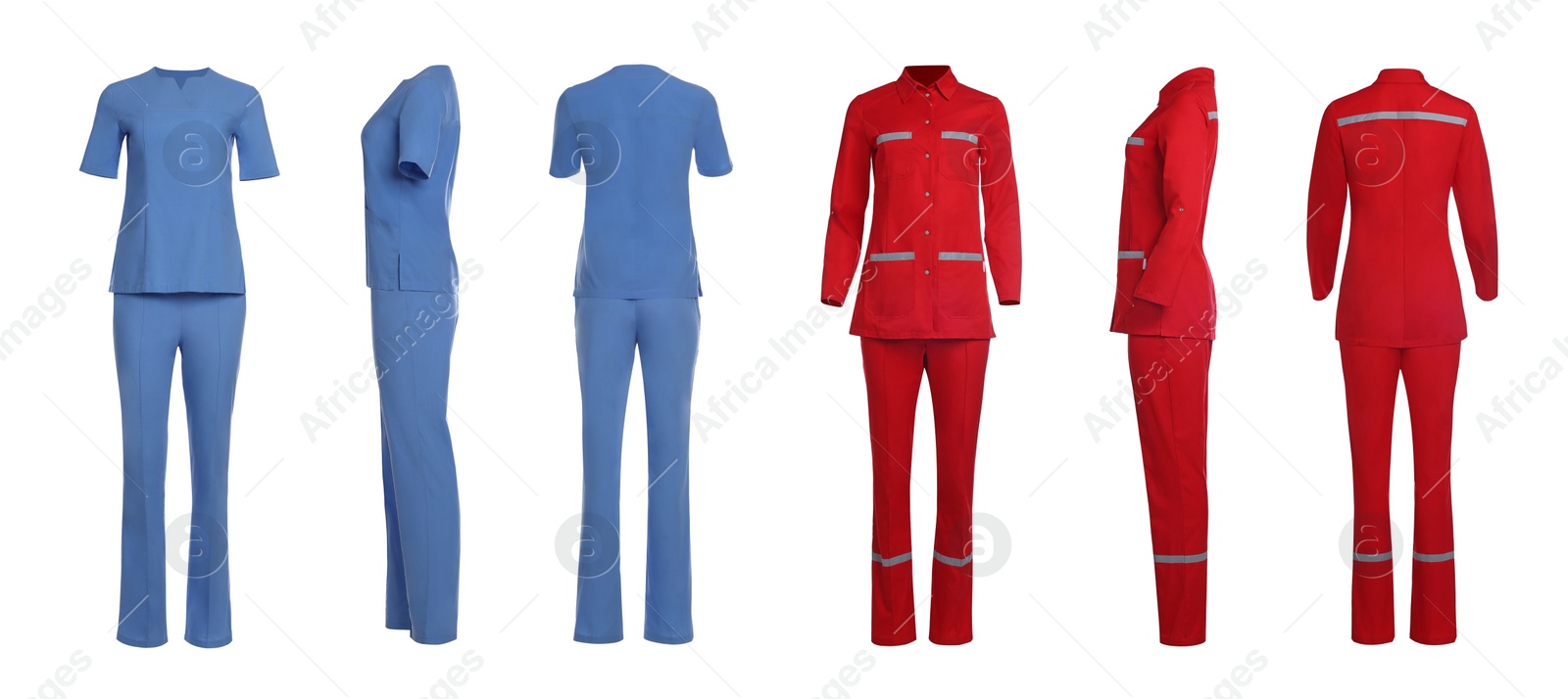 Image of Blue and red medical uniforms isolated on white, collage with back, side and front views