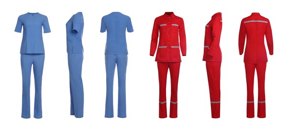 Image of Blue and red medical uniforms isolated on white, collage with back, side and front views