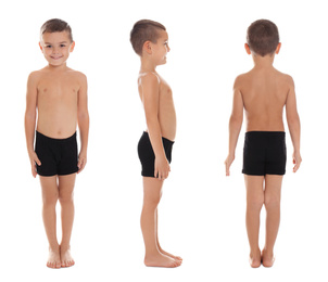 Image of Collage of cute little boy in underwear on white background