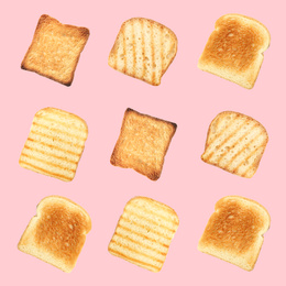 Image of Set of delicious toasted bread on pink background, top view