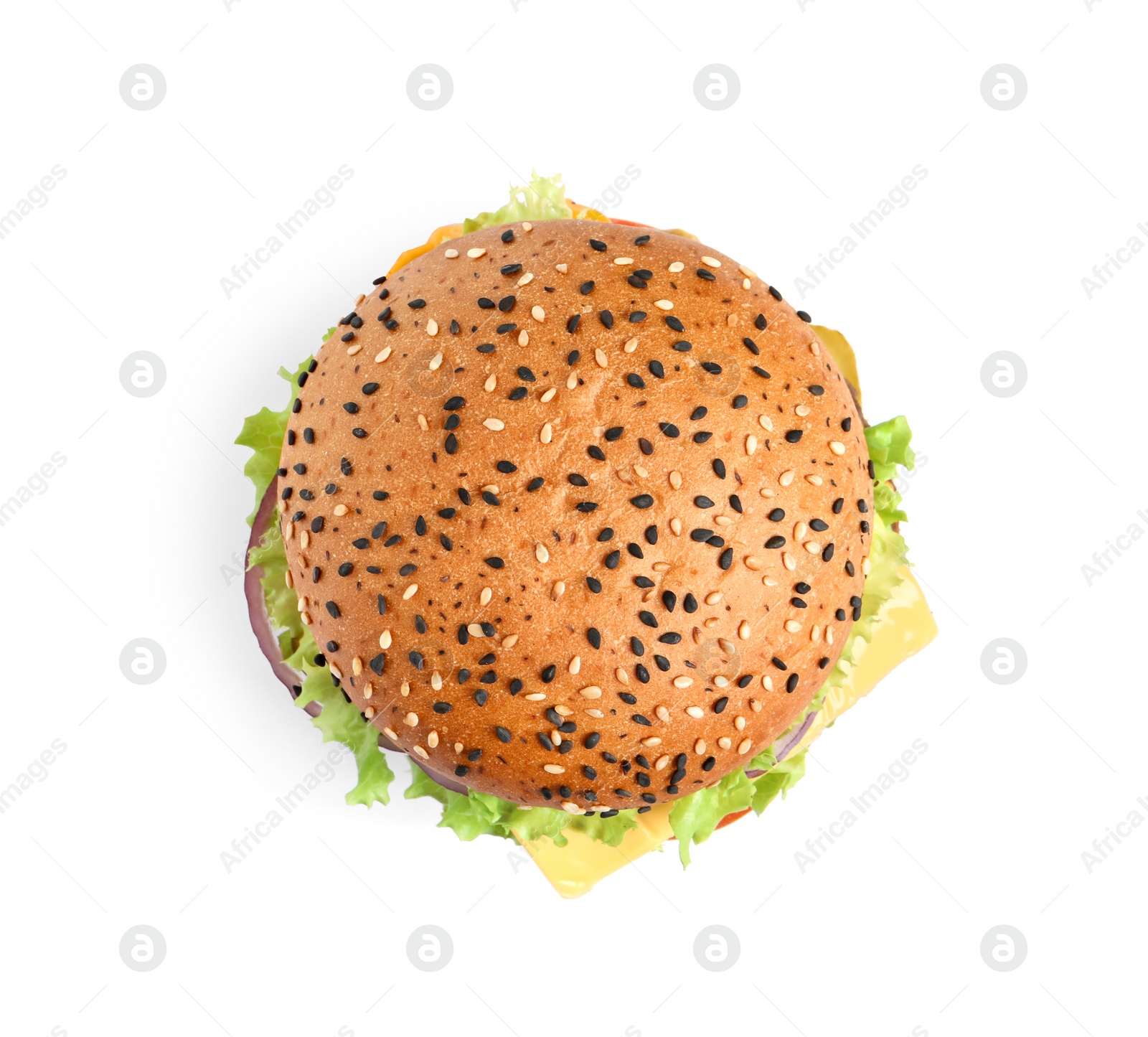 Delicious burger isolated on white, top view Photo of Delicious burger isolated on white, top view