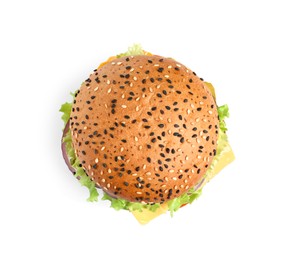 Photo of Delicious burger isolated on white, top view