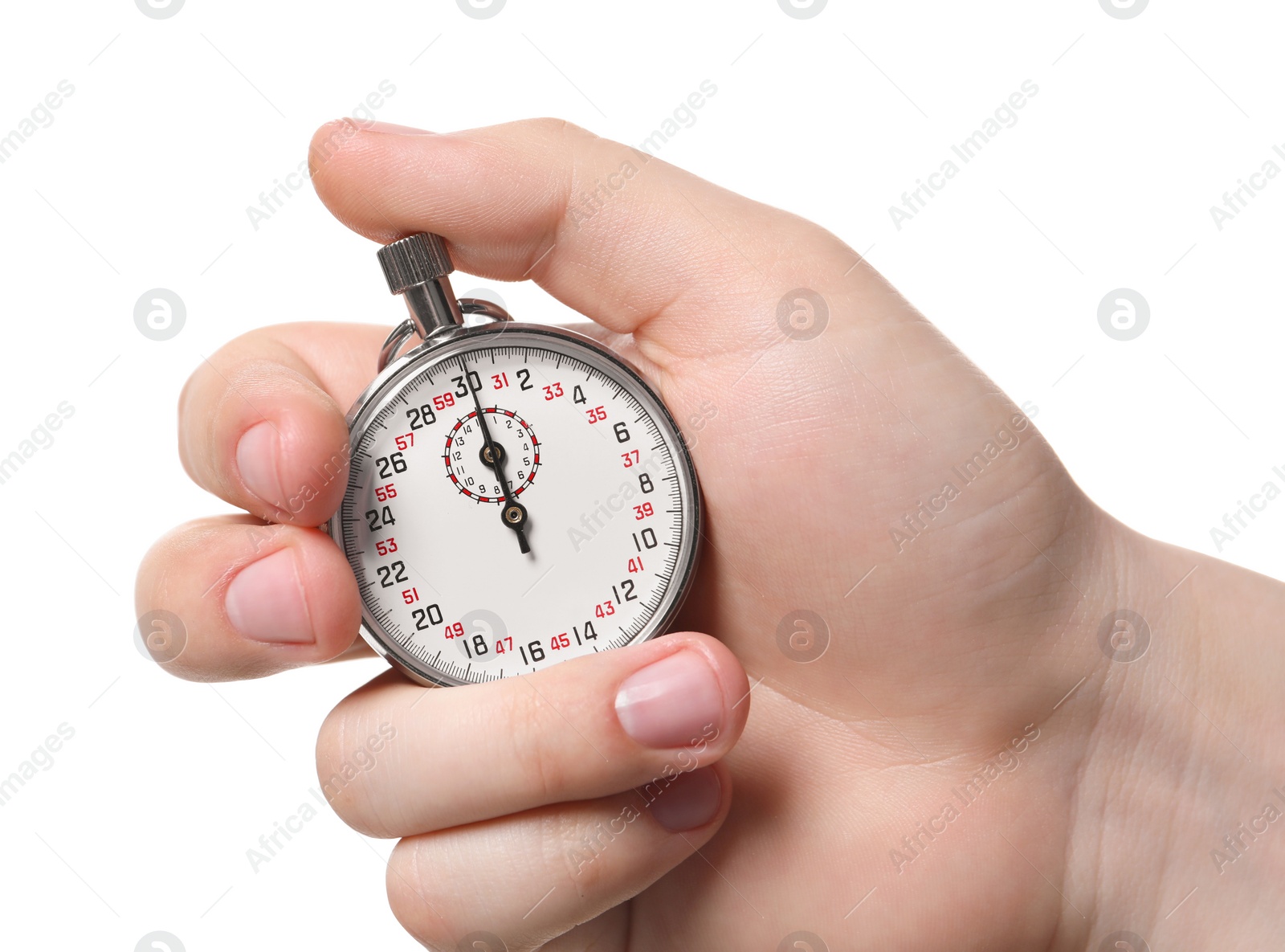 Photo of Man holding vintage timer on white background, closeup