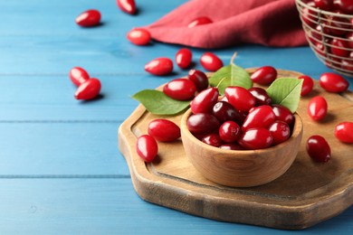 Photo of Fresh ripe dogwood berries in bowl on blue wooden table. Space for text