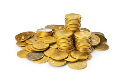 Pile of American coins on white background