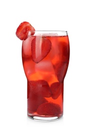 Glass of strawberry refreshing drink with ice cubes on white background