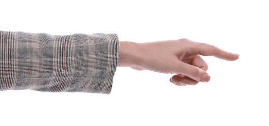 Photo of Woman pointing with index finger on white background, closeup