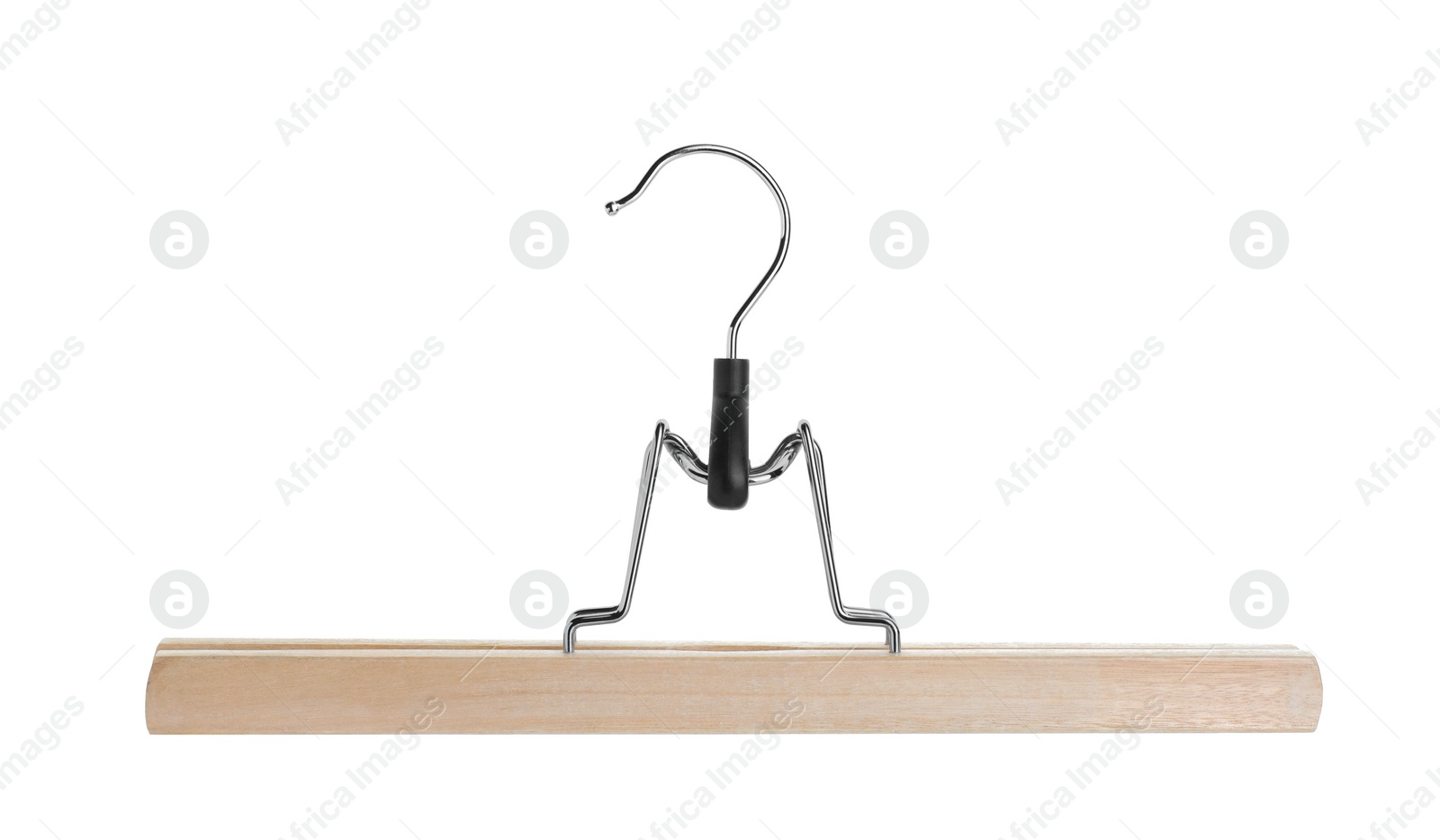 Photo of One empty wooden hanger isolated on white