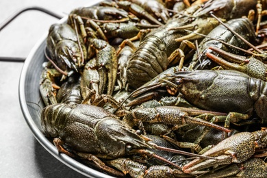 Photo of Fresh raw crayfishes on table, closeup view