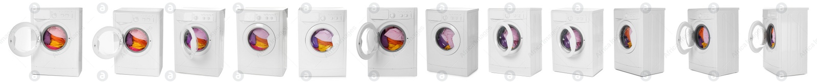 Image of Set with modern washing machines on white background. Banner design