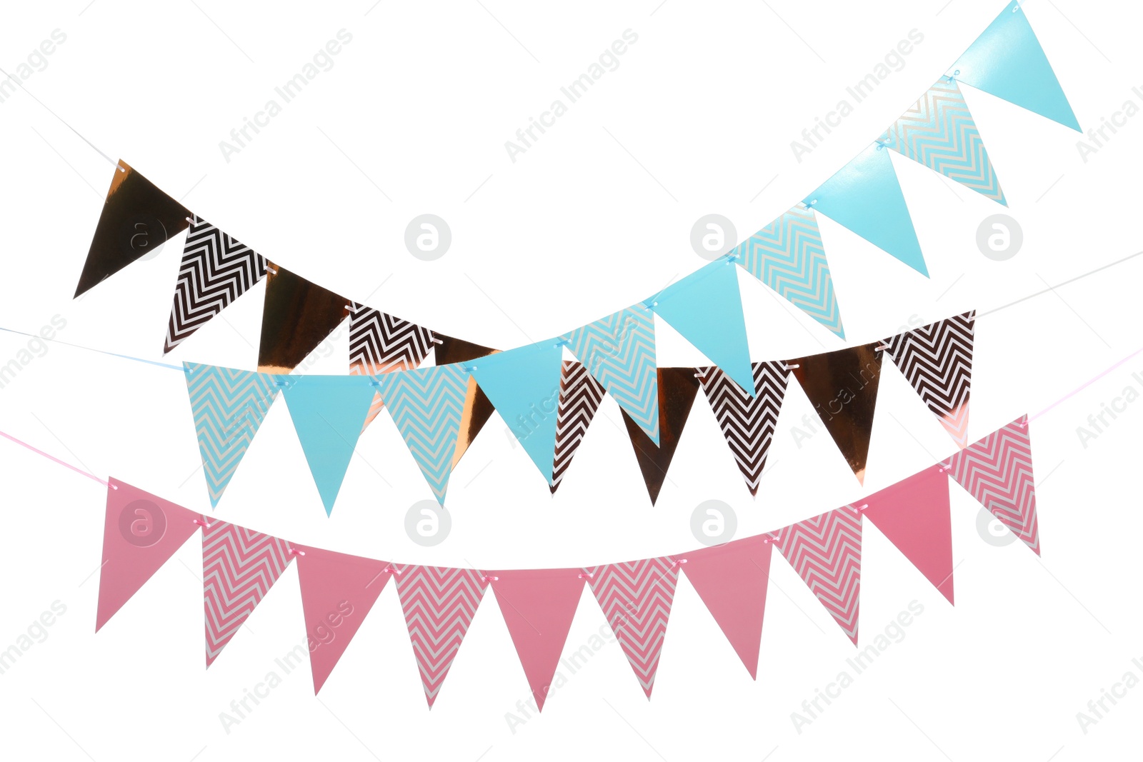 Photo of Buntings with colorful triangular paper flags on white background. Festive decor