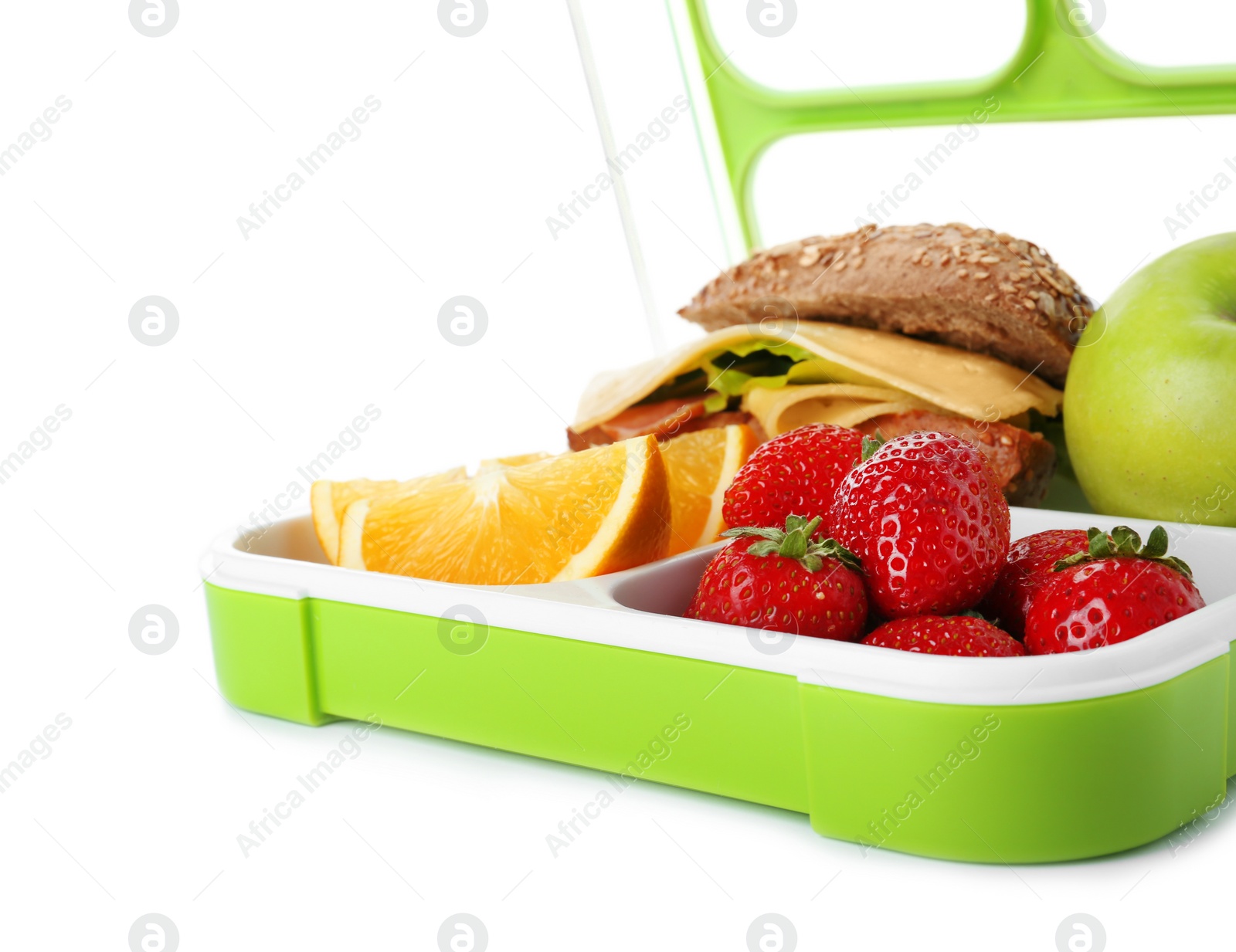 Photo of Lunch box with healthy food for schoolchild on white background