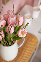 Photo of Beautiful bouquet with spring pink tulips, closeup