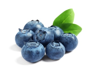 Photo of Fresh raw tasty blueberries with leaves isolated on white