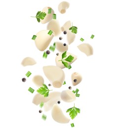 Image of Fresh peeled garlic cloves, peppercorns and parsley flying on white background