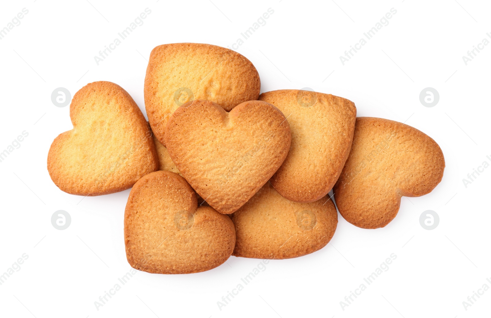 Photo of Tasty heart shaped Danish butter cookies isolated on white, top view