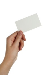 Photo of Woman holding blank business card on white background, closeup. Mockup for design