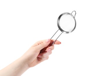 Woman with metal sieve on white background, closeup