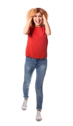 Full length portrait of emotional woman on white background