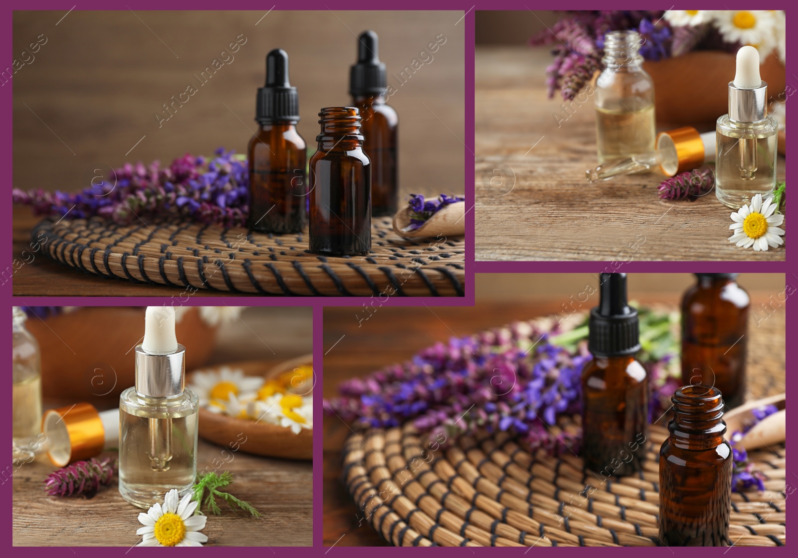 Image of Collage of different photos with essential oils and wildflowers