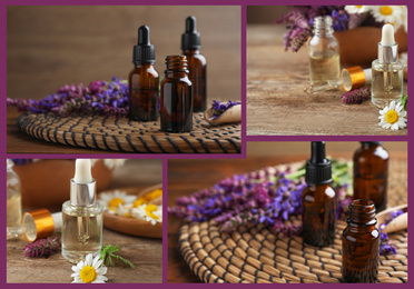 Collage of different photos with essential oils and wildflowers